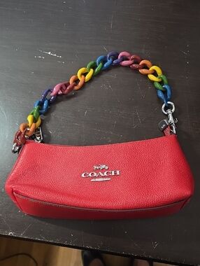 Coach Red Shoulder Bag with Rainbow Chain Strap